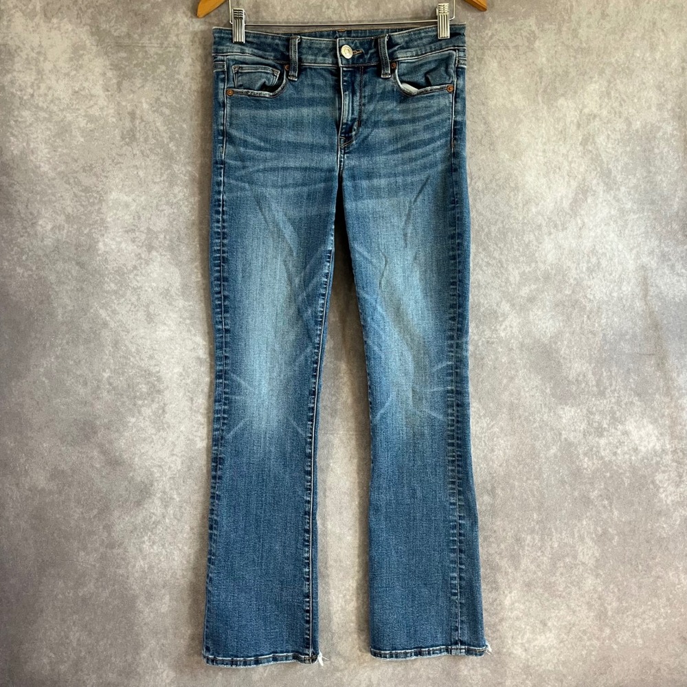 American Eagle Skinny Kick Jeans Womens 6 Regular Blue Raw Hem Mid Rise Stretch